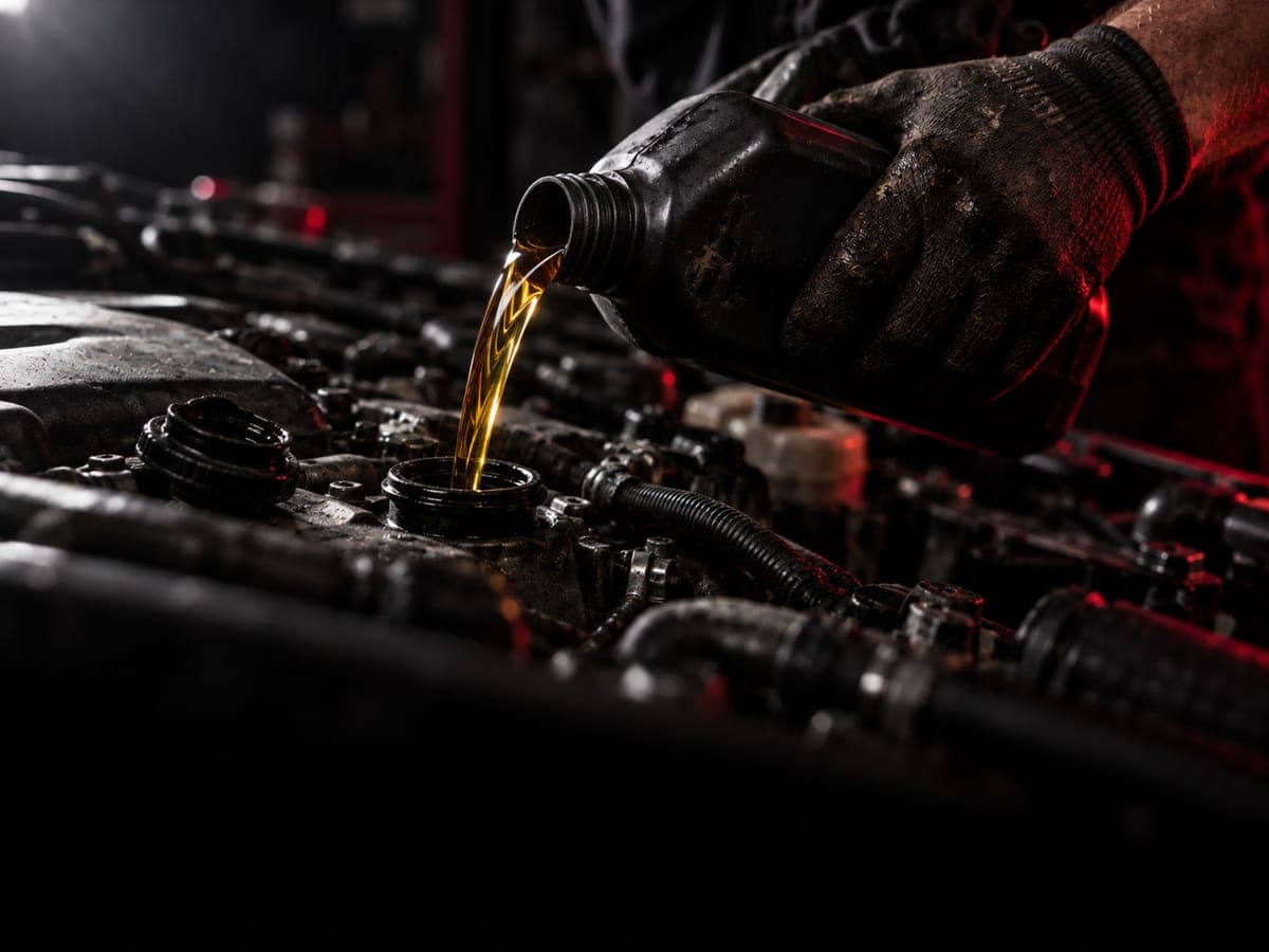 Fresh engine oil being poured into the filler neck during a service