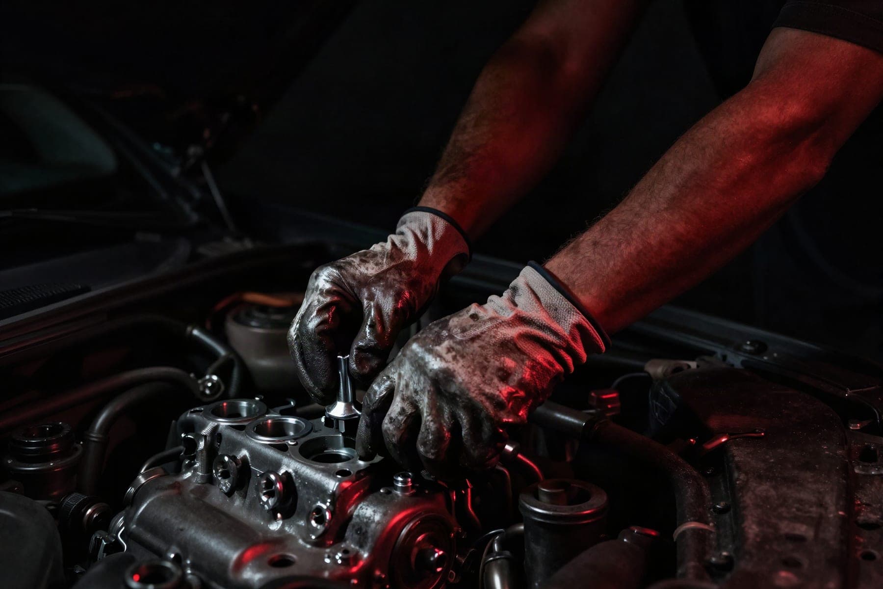 Gloved hands fitting a valve to an engine cylinder head in a workshop